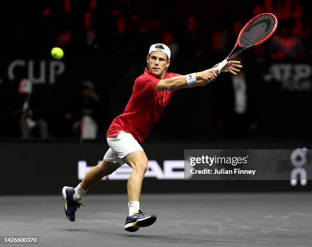 Diego Schwartzman of Team World plays a backhand shot in the match between Diego Schwartzman of Team World and Stefanos Tsitsipas of Team Europe...