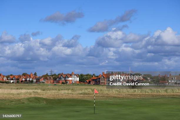 View from behind the green on the par 4, 14th hole looking towards the clubhouse which will play as the 16th hole in the 2023 Open Championship at...