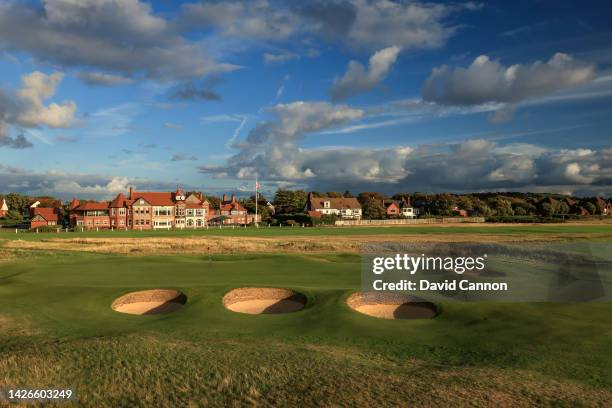 View of the green on the par 5, 16th hole 'Dun' with the clubhouse behind which play as the 18th hole in the 2023 Open Championship at Royal...