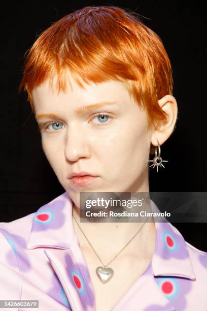 Marie Kippe poses backstage at the Sportmax Fashion Show during the Milan Fashion Week Womenswear Spring/Summer 2023 on September 23, 2022 in Milan,...