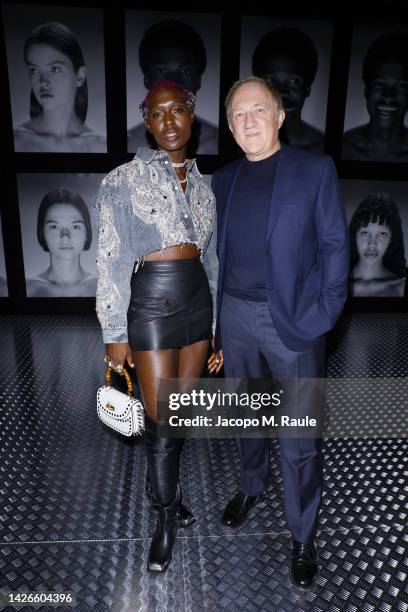 Jodie Turner-Smith and François-Henri Pinault are seen at the Gucci Show during Milan Fashion Week Spring/Summer 2023 on September 23, 2022 in Milan,...