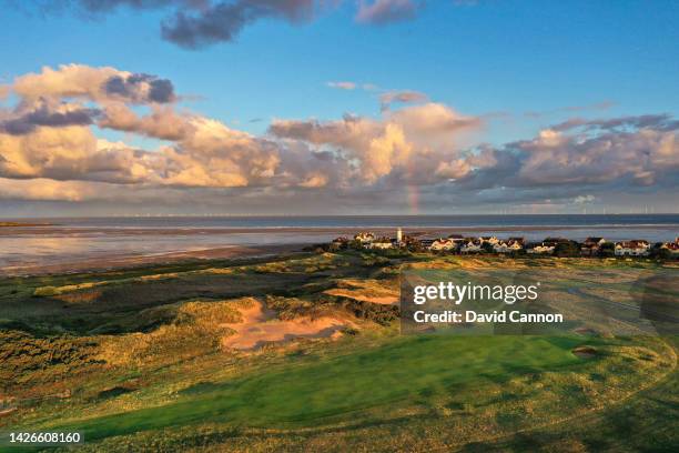 An aerial view of the par 4, 12th hole 'Hilbre' which will play as the 14th hole in the 2023 Open Championship at Royal Liverpool Golf Club on...