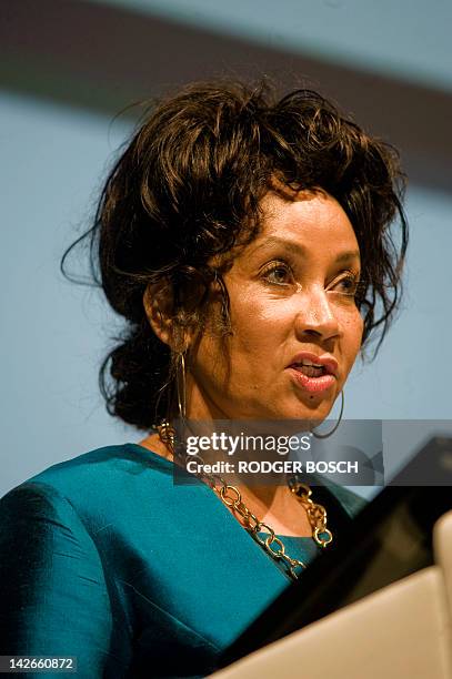 South African Defense Minister Lindiwe Sisulu gives a press conference on April 11, 2012 in Cape Town to announce that South Africa was considering...