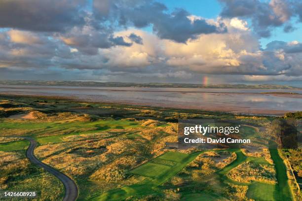 An aerial view of the 134 yards par 3, 15th hole 'Little Eye' which will play as the par 3, 17th hole in the 2023 Open Championship at Royal...