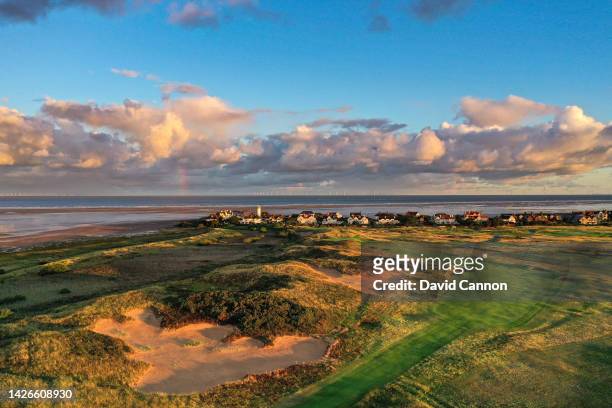 An aerial view of the par 4, 12th hole 'Hilbre' which will play as the 14th hole in the 2023 Open Championship at Royal Liverpool Golf Club on...