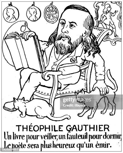 antique illustration: théophile gauthier - man reading comic book stock illustrations