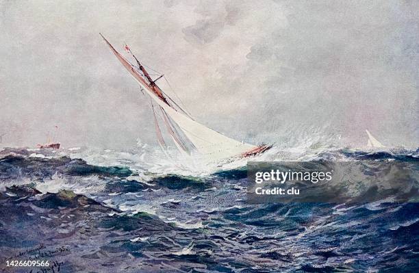 yacht in raging seas - sailing storm stock illustrations