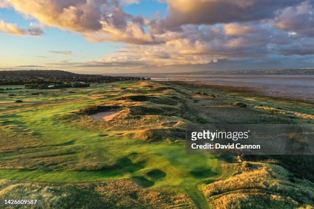 An aerial view from behind the green of the par 4, 12th hole 'Hilbre' which will play as the 14th hole in the 2023 Open Championship at Royal...