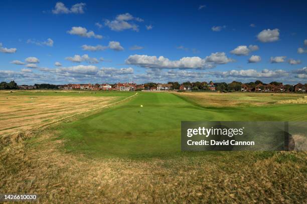 View from behind the green on the 425 yards par 4, first hole 'Course' with the clubhouse behind which will play as the third hole in the 2023 Open...