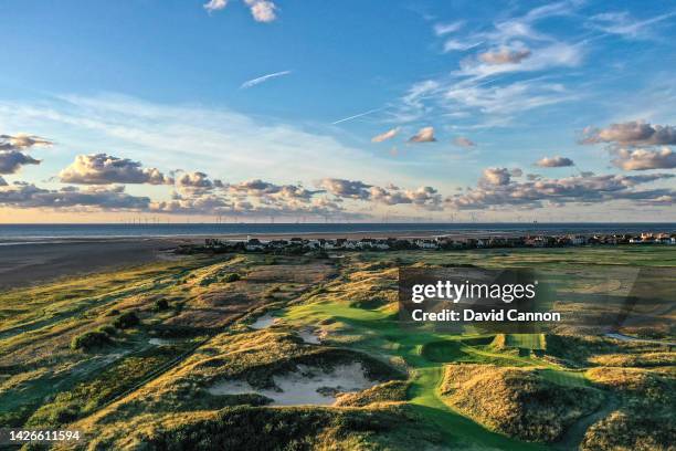 An aerial view of the 191 yards par 3, 11th hole 'Alps' which will play as the 13th hole in the 2023 Open Championship at Royal Liverpool Golf Club...