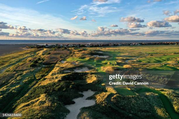 An aerial view of the 191 yards par 3, 11th hole 'Alps' which will play as the 13th hole in the 2023 Open Championship at Royal Liverpool Golf Club...