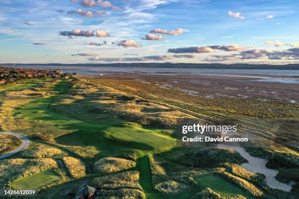 An aerial view from behind the green on the par 4, 10th hole 'Dee' which will play as the 12th hole in the 2023 Open Championship at Royal Liverpool...