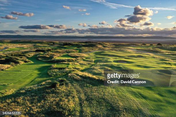 An aerial view of the approach to the green of the par 5, third hole 'Long' which will play as the fifth hole in the 2023 Open Championship with the...