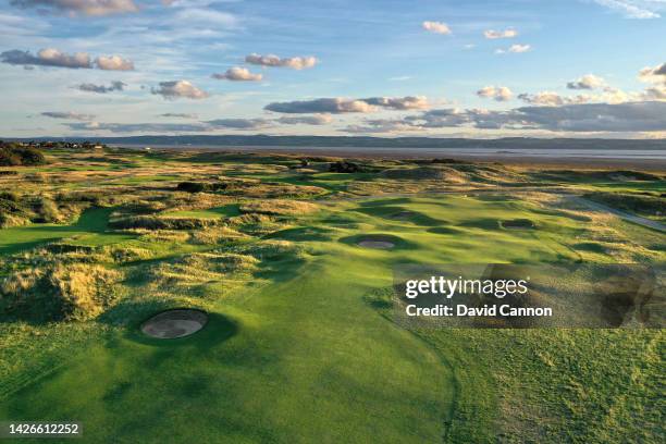 An aerial view of the approach to the green of the par 5, third hole 'Long' which will play as the fifth hole in the 2023 Open Championship with the...