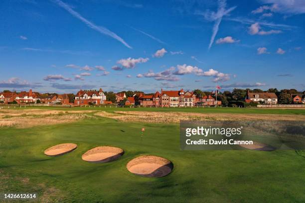An aerial view of the green on the par 5, 16th hole 'Dun' with the clubhouse behind which play as the 18th hole in the 2023 Open Championship at...
