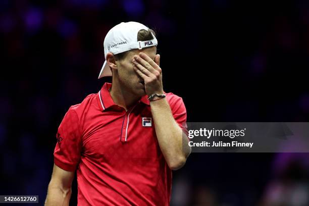 Diego Schwartzman of Team World looks dejected during the match between Diego Schwartzman of Team World and Stefanos Tsitsipas of Team Europe during...