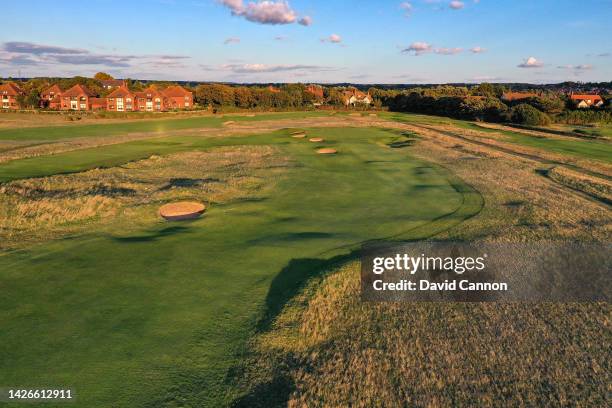 An aerial view of the approach to the green on the par 5, 13th hole 'Field' which play as the 15th hole in the 2023 Open Championship at Royal...