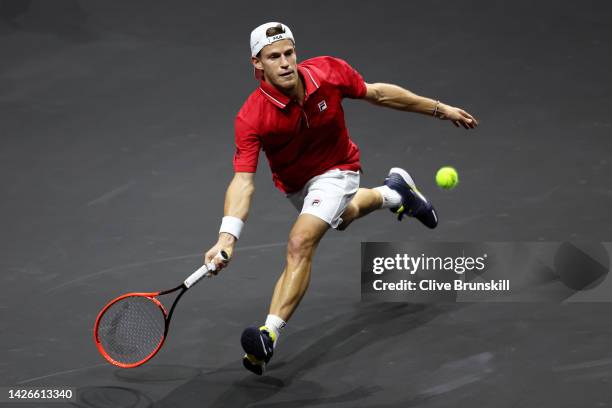 Diego Schwartzman of Team World plays a forehand shot in the match between Diego Schwartzman of Team World and Stefanos Tsitsipas of Team Europe...