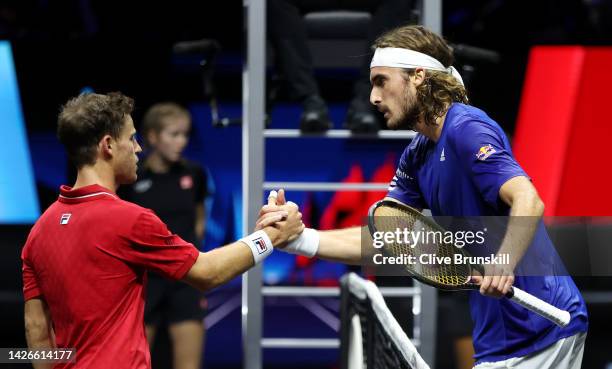 Stefanos Tsitsipas of Team Europe shakes hands with Diego Schwartzman of Team World following their match during Day One of the Laver Cup at The O2...