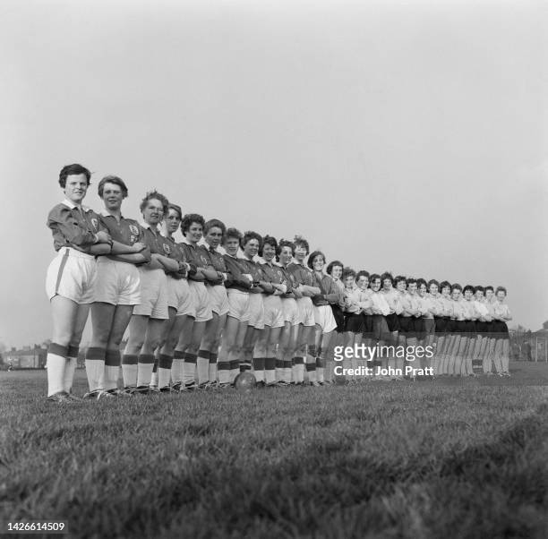 Members of Nomad Ladies Football Club at a training session in Denton, near Manchester, April 1960. The youngest member is 12 year-old Margaret Wilde...