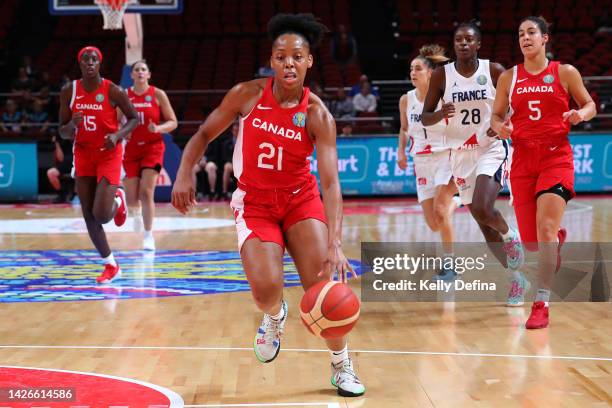 Nirra Fields of Canada handles the ball during the 2022 FIBA Women's Basketball World Cup Group B match between France and Canada at Sydney...