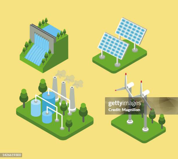 illustrations, cliparts, dessins animés et icônes de énergie verte, vecteur isométrique des énergies renouvelables - éolienne