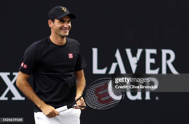 Roger Federer of Team Europe smiles as he warms up during Day One of the Laver Cup at The O2 Arena on September 23, 2022 in London, England.