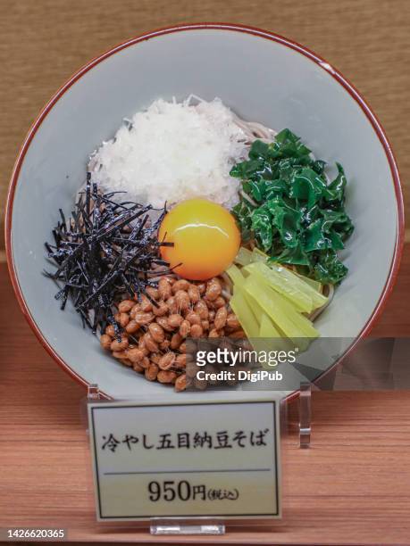 cold buckwheat soba noodle with natto, wakame, takuan, nori, onion and raw egg yolk toppings (food model) - raw acrylic stock pictures, royalty-free photos & images