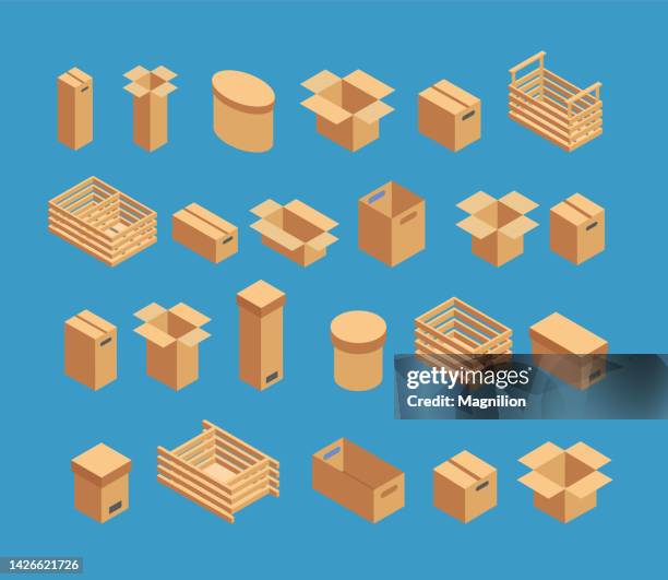 boxes, wooden, cardboard isometric vector - communication toolkit icon stock illustrations