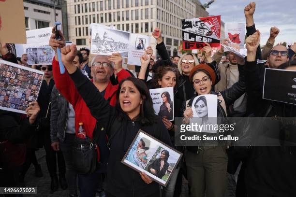 Protesters gather to demonstrate against the death of Mahsa Amini in Iran on September 23, 2022 in Berlin, Germany. Amini was arrested by Iranian...