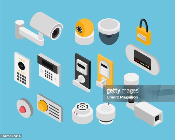 sicherheitsalarm isometrischer vektor - surveillance camera stock-grafiken, -clipart, -cartoons und -symbole