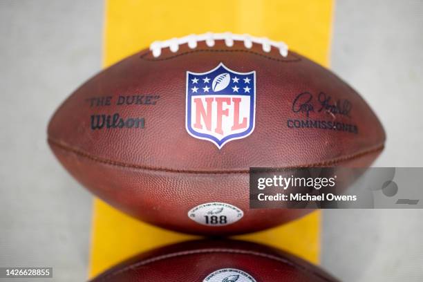 General view of a football prior to an NFL football game between the Denver Broncos and the Philadelphia Eagles at Empower Field on November 14, 2021...