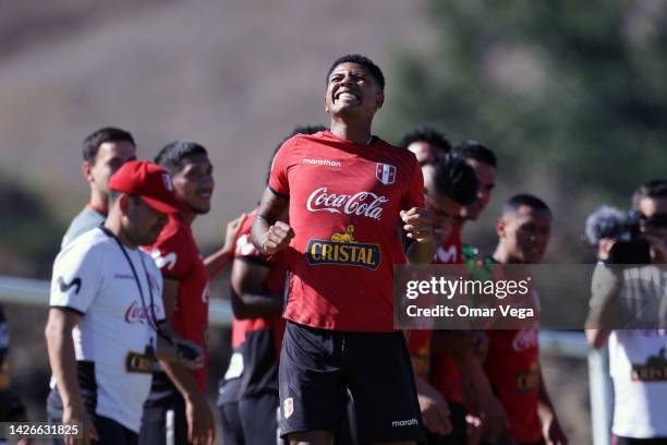 Wilder Cartagena of Peru gestures during a training session at Mt. San Antonio College on September 23, 2022 in Walnut, California. Peru and Mexico...