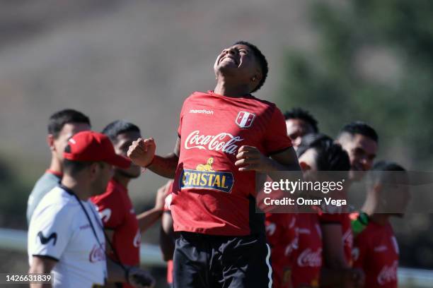 Wilder Cartagena of Peru gestures during a training session at Mt. San Antonio College on September 23, 2022 in Walnut, California. Peru and Mexico...