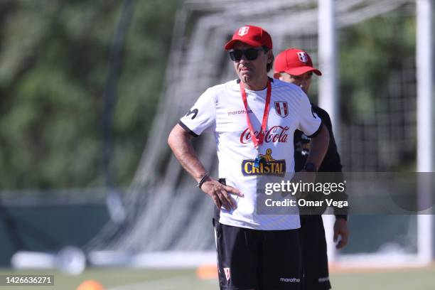 Head coach of Peru Juan Máximo Reynoso looks on during a training session at Mt. San Antonio College on September 23, 2022 in Walnut, California....