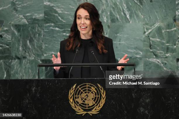 Prime Minister of New Zealand Jacinda Ardern speaks at the 77th session of the United Nations General Assembly at U.N. Headquarters on September 23,...