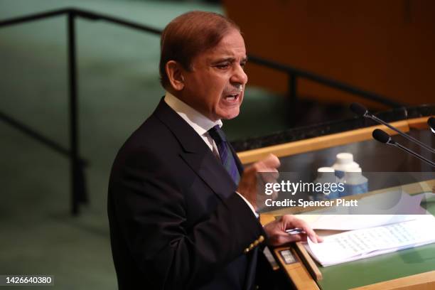 Pakistani Prime Minister Shehbaz Sharif speaks at the 77th session of the United Nations General Assembly at U.N. Headquarters on September 23, 2022...