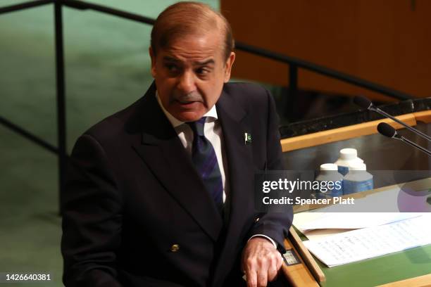 Pakistani Prime Minister Shehbaz Sharif speaks at the 77th session of the United Nations General Assembly at U.N. Headquarters on September 23, 2022...