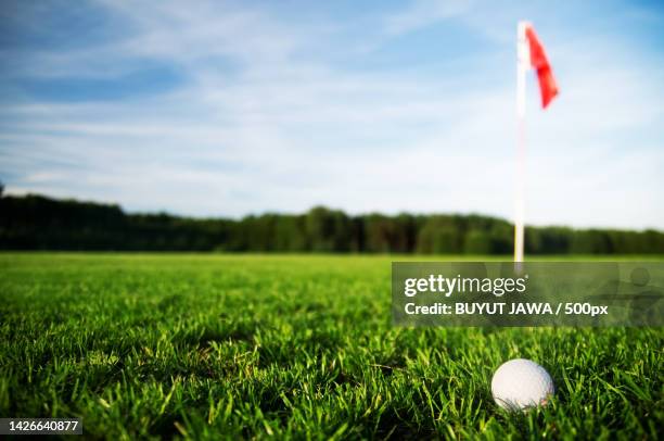close-up of golf ball on field against sky,indonesia - putting green stock pictures, royalty-free photos & images