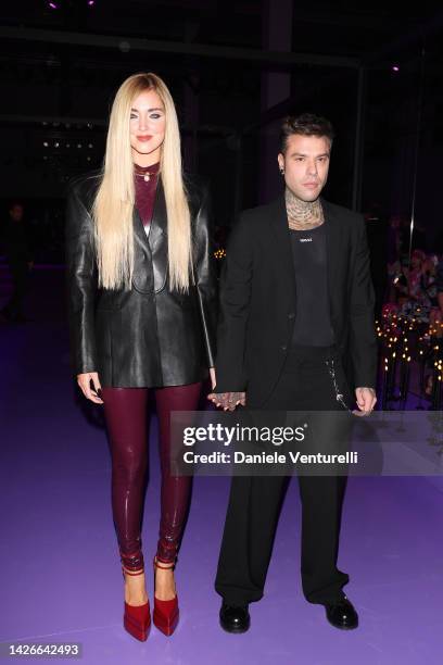 Chiara Ferragni and Fedez are seen on the front row of the Versace Fashion Show during the Milan Fashion Week Womenswear Spring/Summer 2023 on...