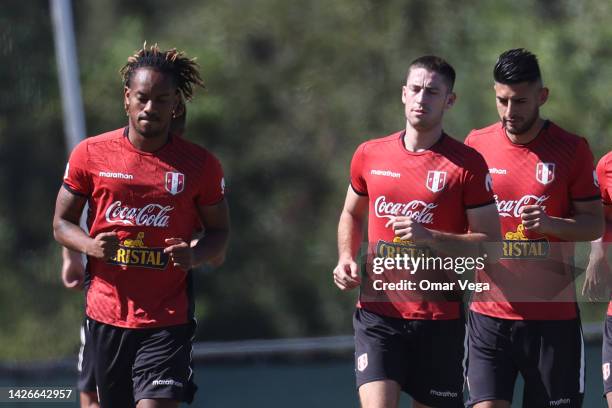 Andre Carrillo of Peru warms up with his teammates during a training session at Mt. San Antonio College on September 23, 2022 in Walnut, California....