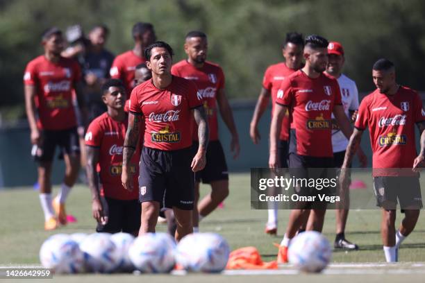 Gianluca Lapadula of Peru warms up during a training session at Mt. San Antonio College on September 23, 2022 in Walnut, California. Peru and Mexico...