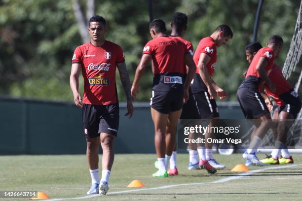 Anderson Santamaria of Peru warms up during a training session at Mt. San Antonio College on September 23, 2022 in Walnut, California. Peru and...