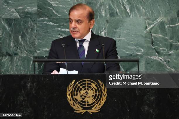 Prime Minister of the Islamic Republic of Pakistan Muhammad Shehbaz Sharif speaks at the 77th session of the United Nations General Assembly at U.N....
