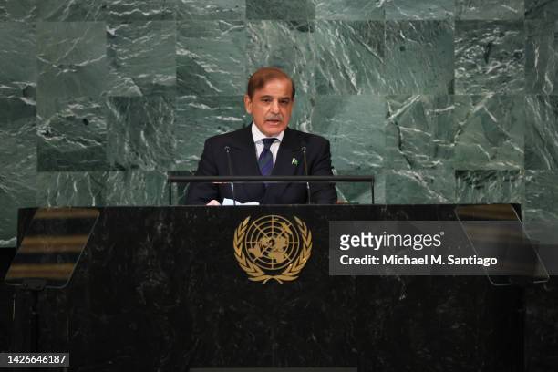 Prime Minister of the Islamic Republic of Pakistan Muhammad Shehbaz Sharif speaks at the 77th session of the United Nations General Assembly at U.N....