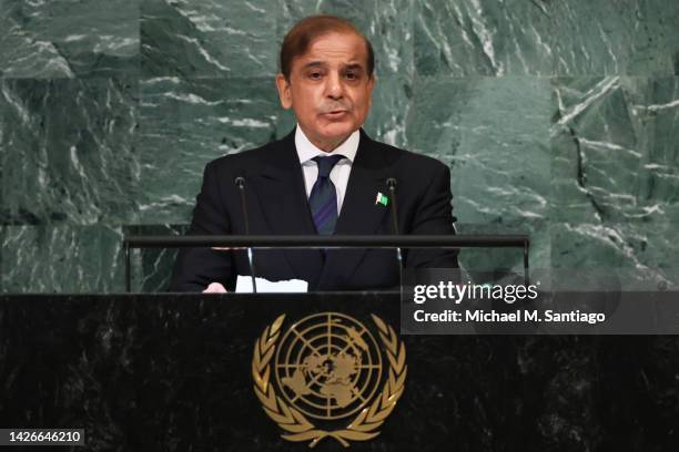 Prime Minister of the Islamic Republic of Pakistan Muhammad Shehbaz Sharif speaks at the 77th session of the United Nations General Assembly at U.N....