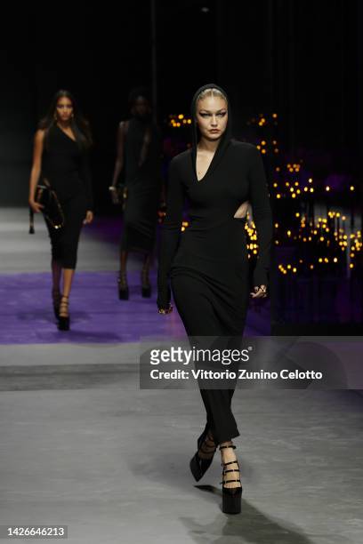 Gigi Hadid walks the runway of the Versace Fashion Show during the Milan Fashion Week Womenswear Spring/Summer 2023 on September 23, 2022 in Milan,...