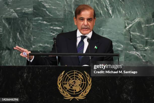 Prime Minister of the Islamic Republic of Pakistan Muhammad Shehbaz Sharif speaks at the 77th session of the United Nations General Assembly at U.N....