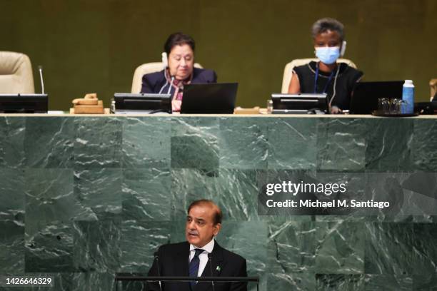 Prime Minister of the Islamic Republic of Pakistan Muhammad Shehbaz Sharif speaks at the 77th session of the United Nations General Assembly at U.N....