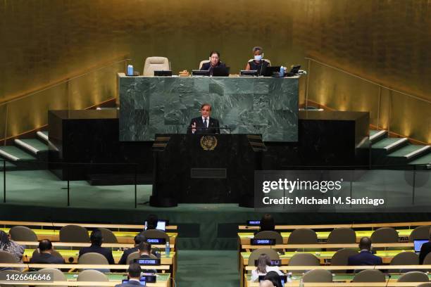 Prime Minister of the Islamic Republic of Pakistan Muhammad Shehbaz Sharif speaks at the 77th session of the United Nations General Assembly at U.N....